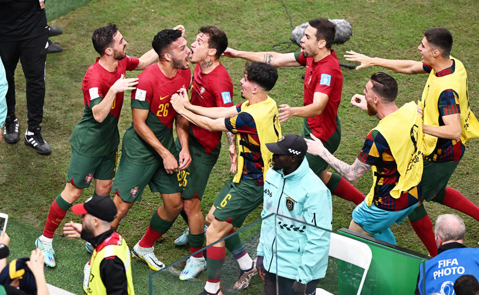 Goncalo Ramos, pictured here being mobbed by teammates after scoring for Portugal against Switzerland at the World Cup.