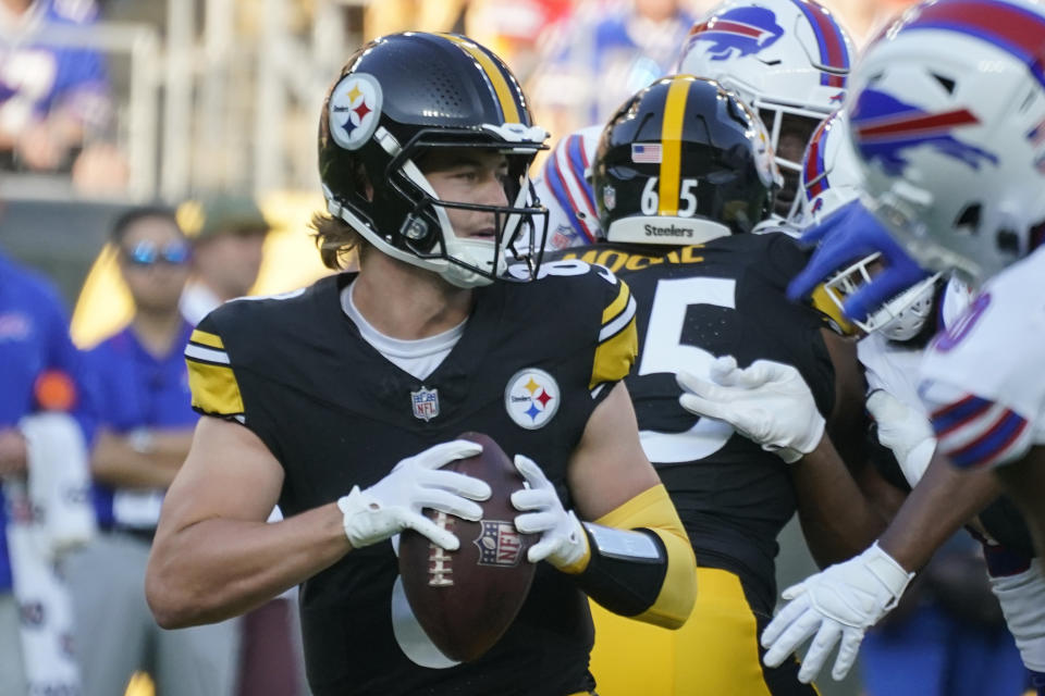 Pittsburgh Steelers quarterback Kenny Pickett (8) looks to pass in the first half of an NFL preseason football game against the Buffalo Bills, in Pittsburgh, Saturday, Aug. 19, 2023. (AP Photo/Gene Puskar)