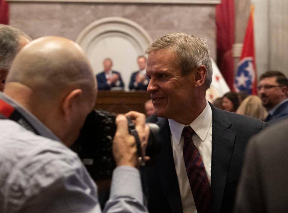 Gov. Bill Lee shakes hands as he walks out after delivering his State of the State address to the Tennessee General Assembly in the House chamber of the Capitol in Nashville, Tenn., Monday, Feb. 5, 2024.