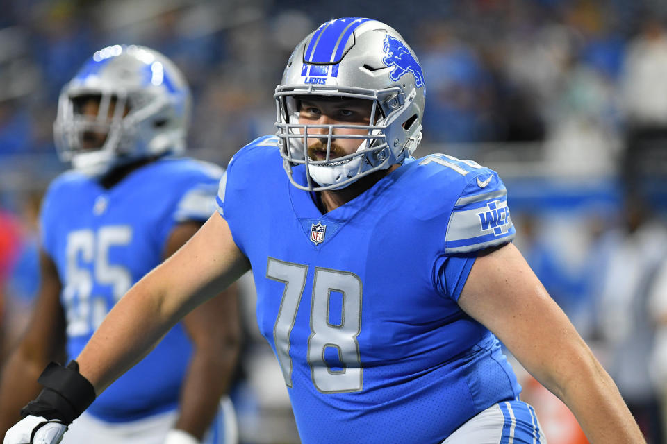 Aug 12, 2022; Detroit, Michigan, USA; Detroit Lions offensive lineman Tommy Kraemer (78) in action against the Atlanta Falcons at Ford Field. Mandatory Credit: Lon Horwedel-USA TODAY Sports