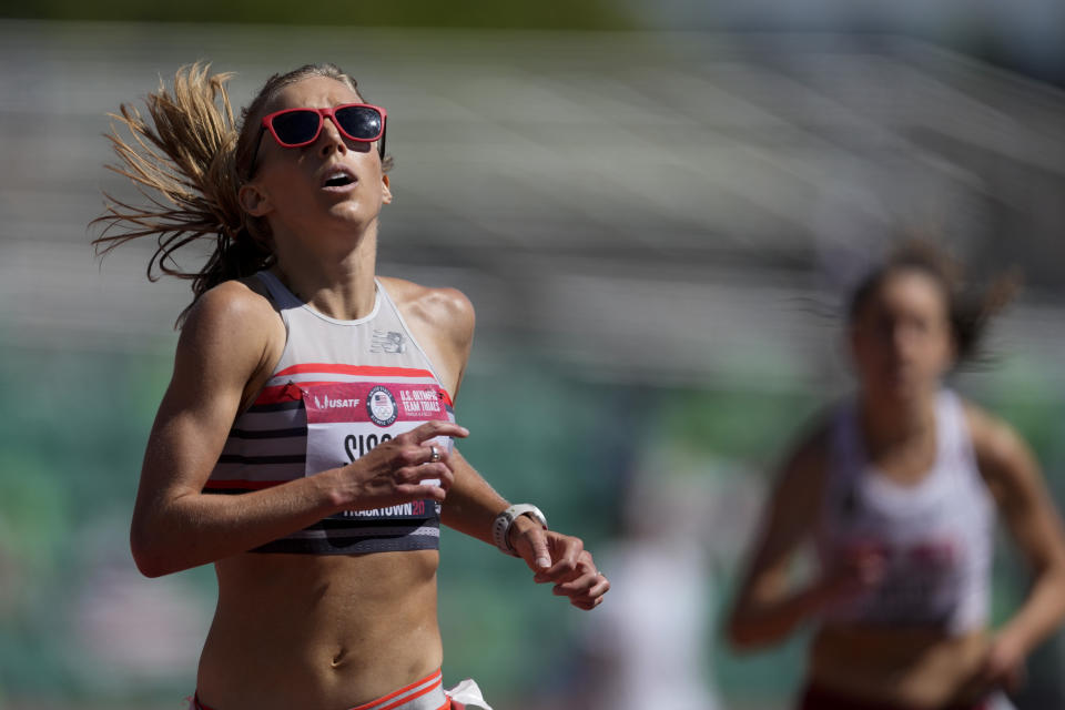 Emily Sisson wins the women's 10000-meter run at the U.S. Olympic Track and Field Trials Saturday, June 26, 2021, in Eugene, Ore. (AP Photo/Ashley Landis)