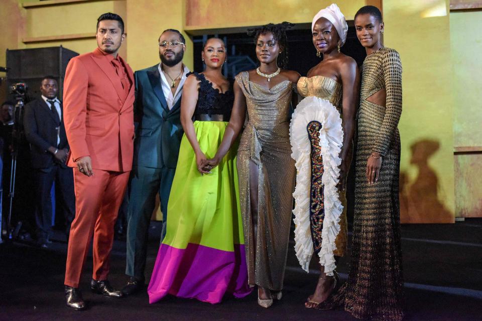 (L-R) Tenoch Huerta, director Ryan Coogler and his wife Zinzi Evans, Lupita Nyong'o, Danai Gurira, and Letitia Wright arrive for the African premiere of the film "Black Panther: Wakanda Forever" in Lagos. The African premiere of the Marvel superhero film "Black Panther: Wakanda Forever" is taking place in Lagos, a leading commercial hub for African entertainment ahead of the film's global release on November 11.