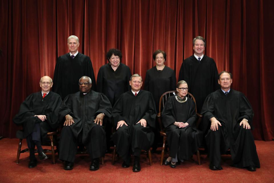 United States Supreme Court (Front L-R) Associate Justice Stephen Breyer, Associate Justice Clarence Thomas, Chief Justice John Roberts, Associate Justice Ruth Bader Ginsburg, Associate Justice Samuel Alito, Jr., (Back L-R) Associate Justice Neil Gorsuch, Associate Justice Sonia Sotomayor, Associate Justice Elena Kagan and Associate Justice Brett Kavanaugh pose for their official portrait at the in the East Conference Room at the Supreme Court building November 30, 2018 in Washington, DC. 