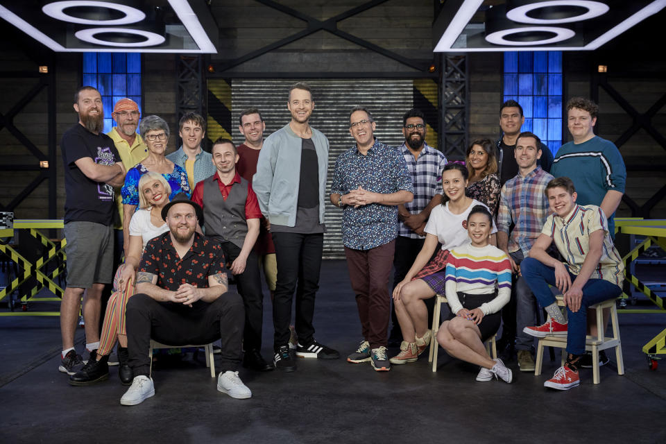 Hamish Blake with the eight teams of two that are competing on the show. Photo: Channel Nine