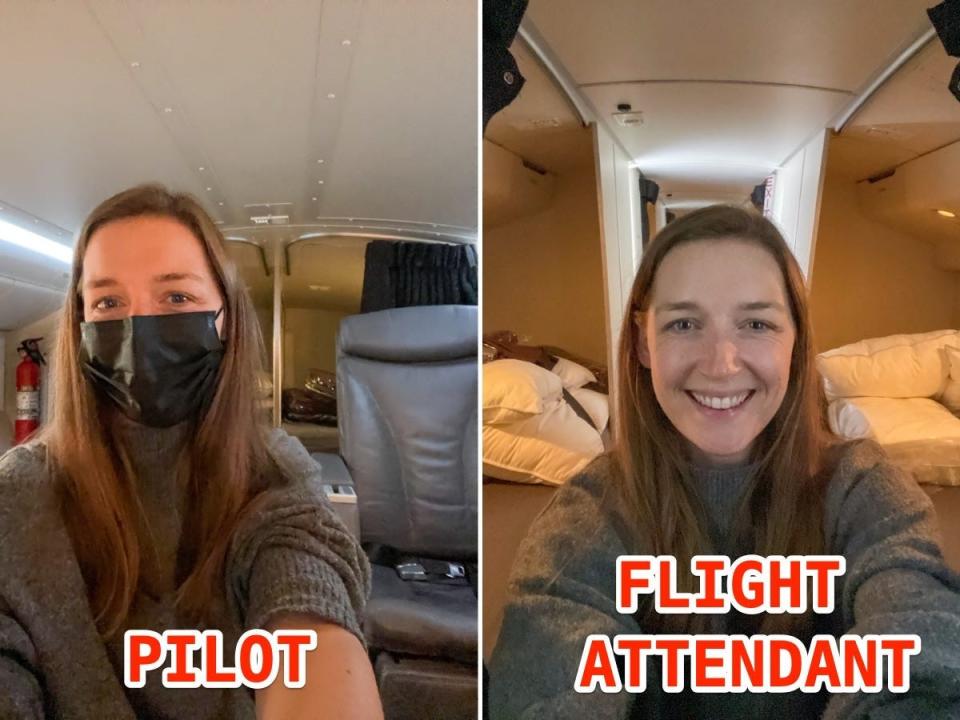 Side-by-side images of the rest area for pilots and flight attendants on an Air New Zealand Boeing 777-300ER.