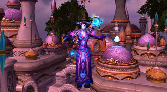 A draenei mage floating above the city of Dalaran.