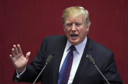 U.S. President Donald Trump delivers his speech at the National Assembly hall in Seoul, South Korea, Wednesday, Nov. 8, 2017. REUTERS/Lee Jin-man/Pool