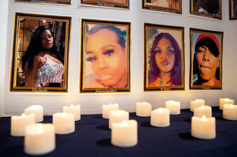 One of two display boards showing the names and photos of those who died in 2021 during the Transgender Day of Remembrance 2021 at the King Avenue United Methodist Church in Columbus, Ohio on November 20, 2021. The event was intended to remember members of the transgender community who were victims of violence, The Human Rights Campaign reports that this year saw more transgender and nonbinary people killed than any other previously recorded year. 