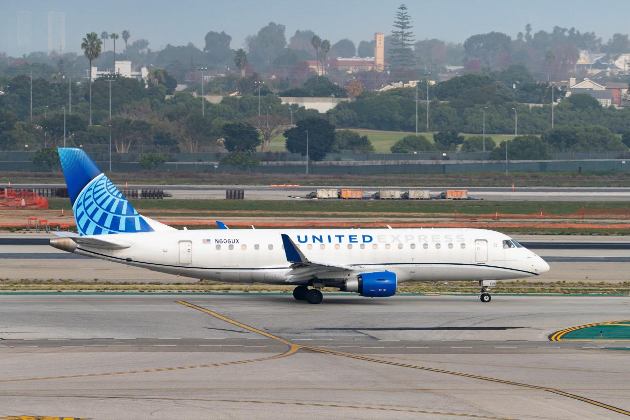 United Express Embraer E175 prepares for takeoff at Los Angeles International Airport on December 29, 2023 in Los Angeles, California.