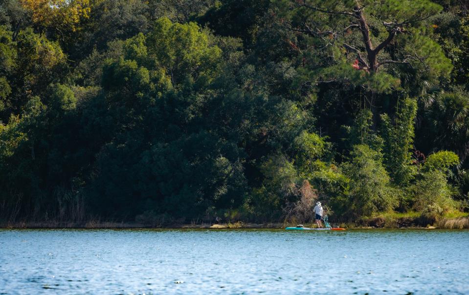 Marty Donovan, 71, paddleboards along Bayou Texar early Tuesday afternoon with a fishing rod baited and dragging behind him.