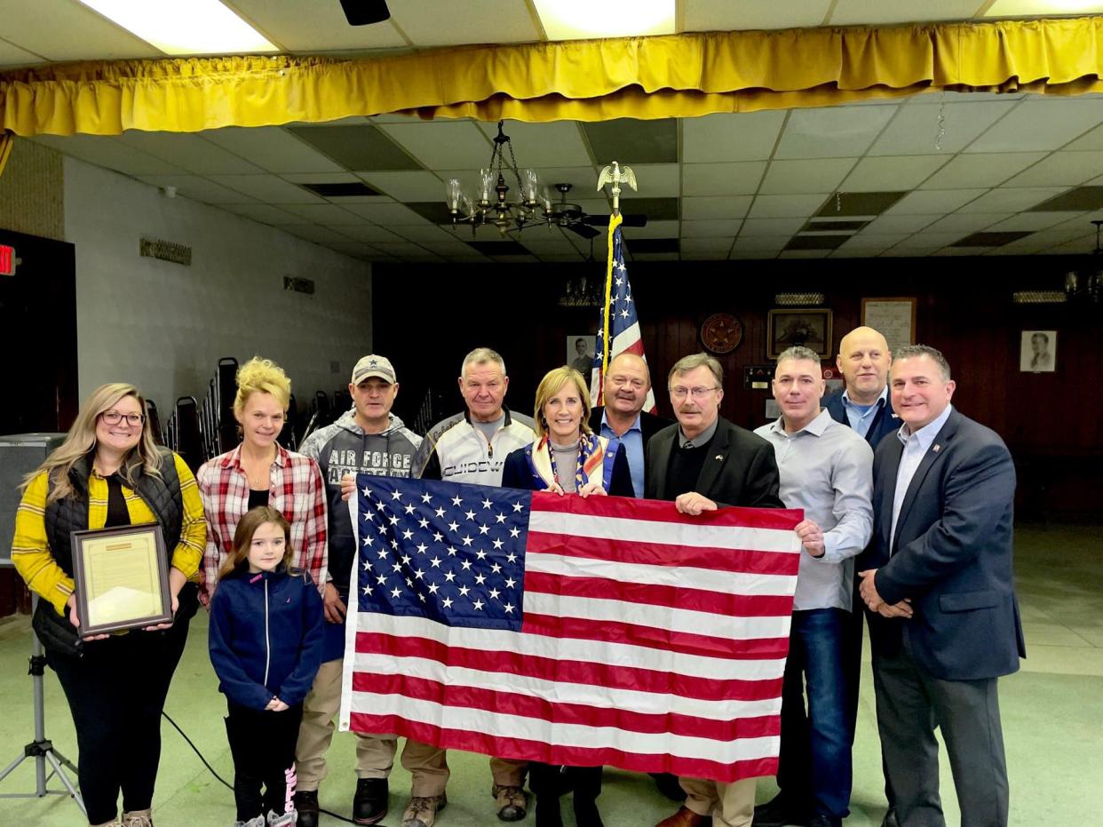 Congresswoman Claudia Tenney, R-New Hartford, presented the family of 100-year-old Thomas S. Nelson, of Ilion, with an official copy of the congressional record recognizing his heroism and a flag flown over the U.S. Capitol during an event at the Mohawk American Legion. Assemblyman Brian Miller and members of the Herkimer County Legislature were on hand for the event.