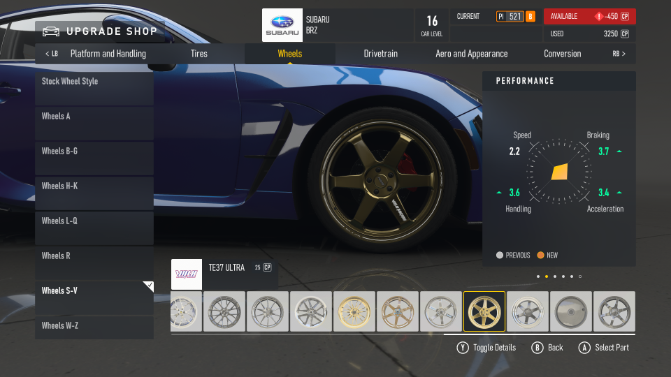 Menu capture of modifying a Subaru BRZ in Forza Motorsport.