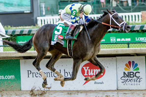 LOUISVILLE, KY - MAY 06: Always Dreaming #5, ridden by John Velazquez, wins the Kentucky Derby on Kentucky Derby Day at Churchill Downs on May 6, 2017 in Louisville, Kentucky. (Photo by Sue Kawczynski/Eclipse Sportswire/Getty Images)