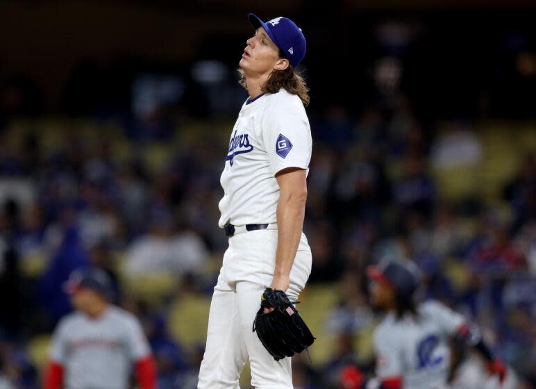 Tyler Glasnow reacts during a game against Nationals.