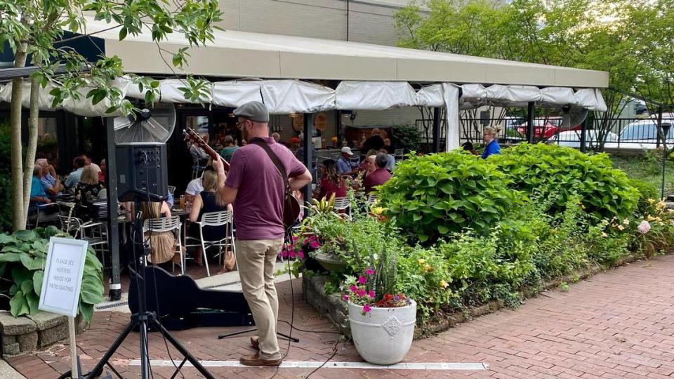 The outdoor dining area at Azur Restaurant and Patio often has live music, making it popular with local foodies in the Beaumont area.