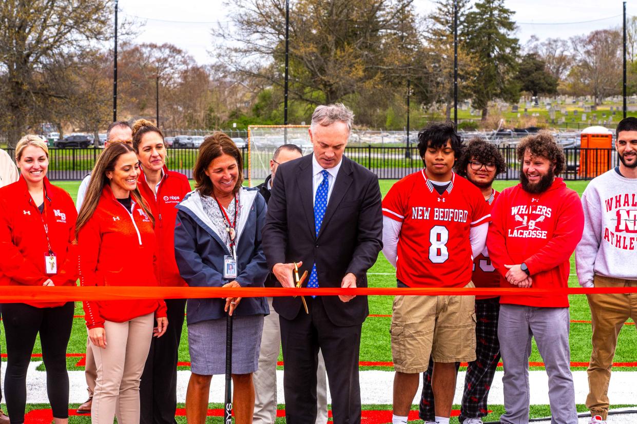 New Bedford Mayor Jon Mitchell during the Ribbon Cutting Ceremony of the new turf field at New Bedford High School.