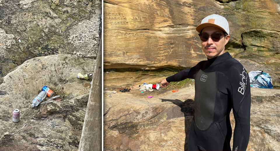 Japanese man Tatsuya Imura was shocked to find so many discarded bottles at the beach. Source: Yahoo News Australia