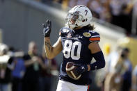 Auburn wide receiver Sal Cannella (80) celebrates after his 37-yard touchdown reception during the first half of the Outback Bowl NCAA college football game against Minnesota Wednesday, Jan. 1, 2020, in Tampa, Fla. (AP Photo/Chris O'Meara)