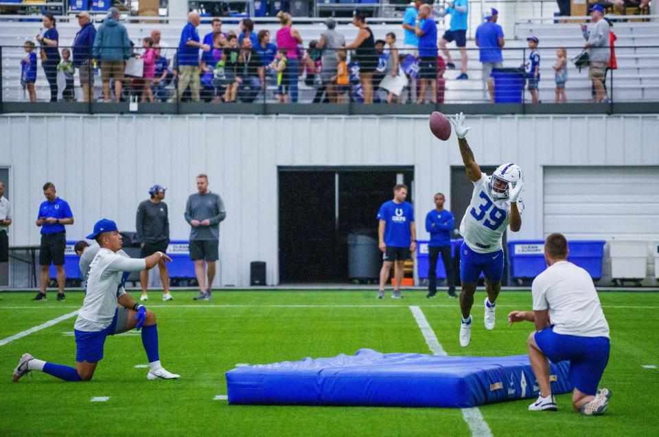 Indianapolis Colts cornerback Darrell Baker Jr. (39) blocks a field goal during a drill Friday, July 28, 2023, during an indoor practice at Grand Park Sports Campus in Westfield, Indiana.