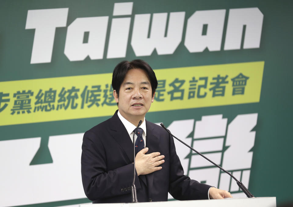 Taiwan's Vice President Lai Ching-te, also known as William Lai, delivers a speech during a press conference in Taipei, Taiwan, Wednesday, April 12, 2023. Taiwan’s pro-independence ruling Democratic Progressive Party nominated Lai as its candidate in the 2024 presidential election, two days after China concluded large-scale wargames around the self-governed island. (AP Photo/Chiang Ying-ying)