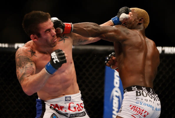 (R-L) Melvin Guillard versus Jamie Varner during their lightweight fight at UFC 155 on December 29, 2012 at MGM Grand Garden Arena in Las Vegas, Nevada. (Photo by Donald Miralle/Zuffa LLC/Zuffa LLC via Getty Images)