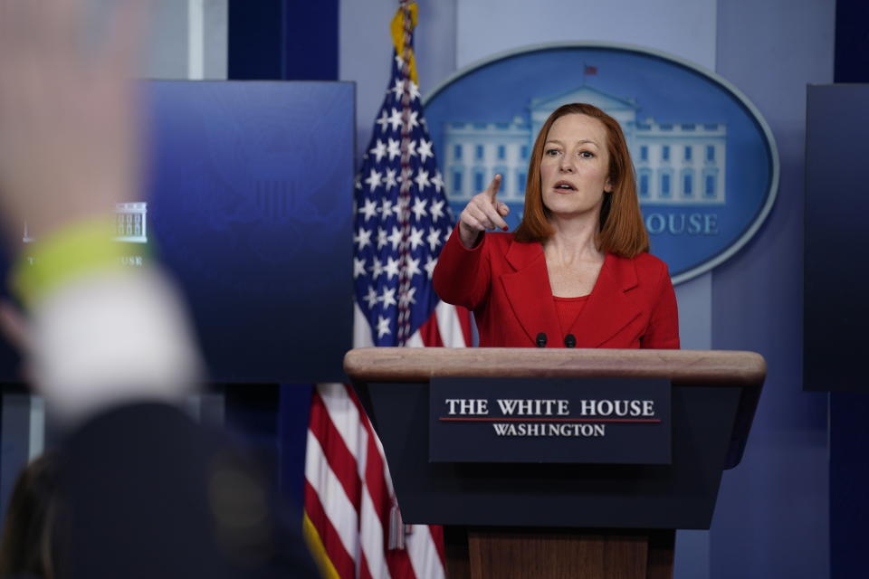 White House press secretary Jen Psaki speaks during a press briefing at the White House, Tuesday, March 2, 2021, in Washington. (AP Photo/Evan Vucci)