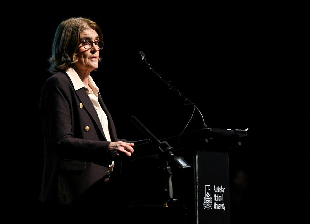 FILE PHOTO: Incoming RBA governor Michele Bullock delivers the Sir Leslie Melville Public Lecture at the Australian National University in Canberra, Australia, August 29, 2023 in this handout image. ANU/Tracey Nearmy/Handout via REUTERS  THIS IMAGE HAS BEEN SUPPLIED BY A THIRD PARTY./File Photo