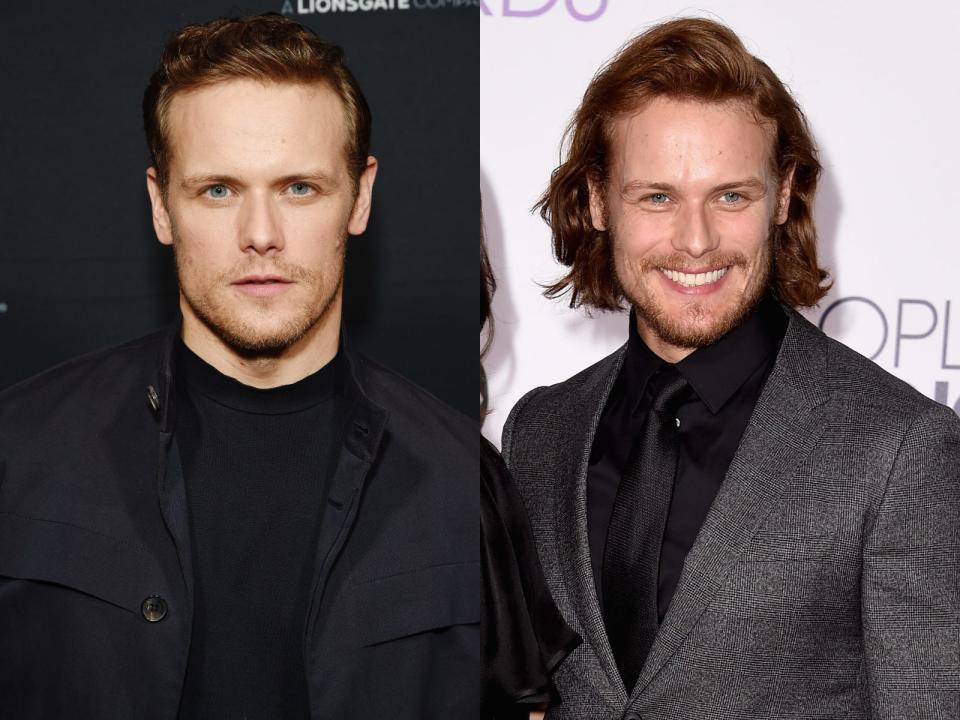 Sam Heughan with short hair on the left and long hair on the right