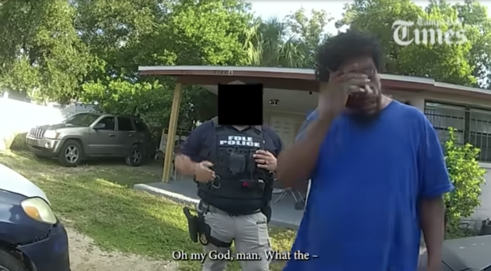 A screenshot from the body camera footage obtained by the Tampa Bay Times shows Tony Patterson's reaction to learning he was being charged with voter fraud.