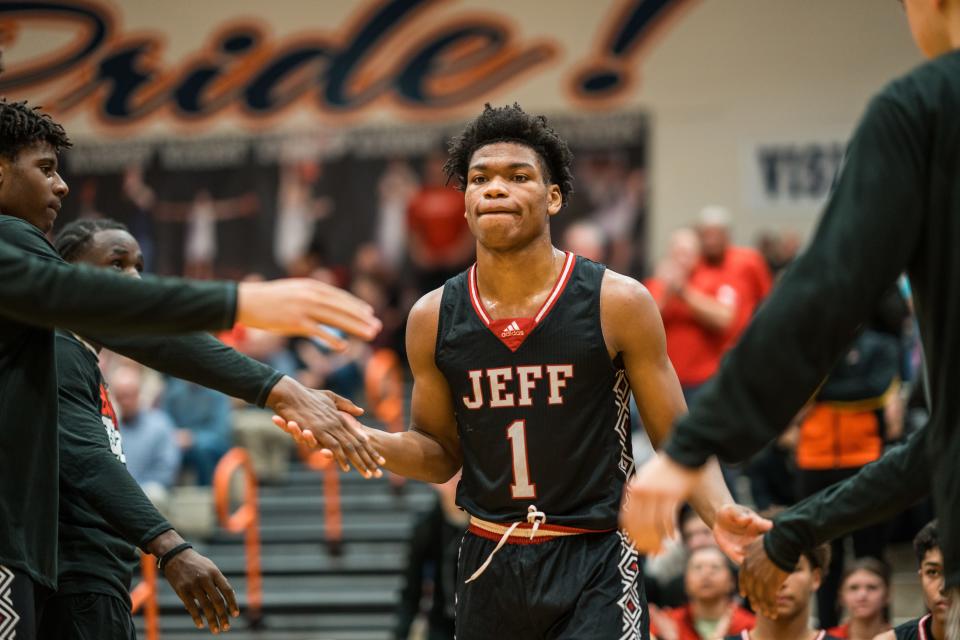 Lafayette Jefferson senior Ah'keem Wilson (1) is introduced before the boy’s basketball between the Harrison Raiders and the Lafayette Jefferson Bronchos, Friday, Dec. 8, 2023, at Harrison High School in West Lafayette, Ind. Harrison defeated Jeff 62-61.