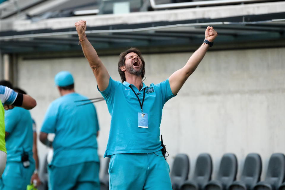 Argentina staff celebrate the victory during the Tri-Nations round 3 rugby match between the New Zealand All Blacks and Argentina Pumas at Bankwest Stadium.