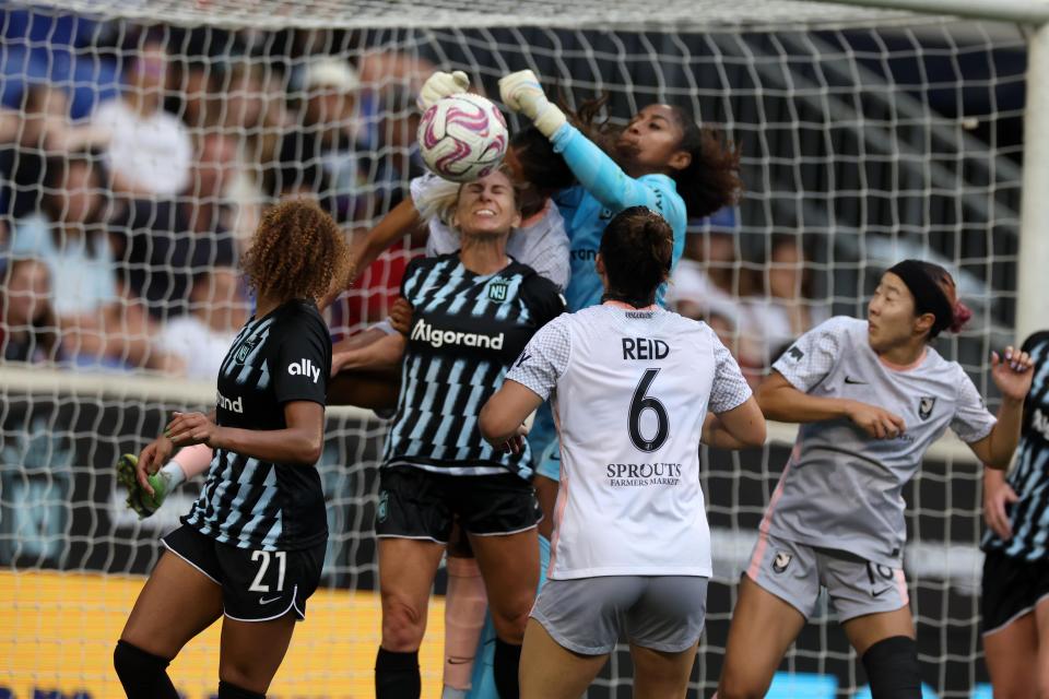 July 2: New Jersey/New York Gotham FC goalkeeper Abby Smith defends against a shot on goal by Angel City FC during the second half at Red Bull Arena. The game ended in a 0-0 tie.