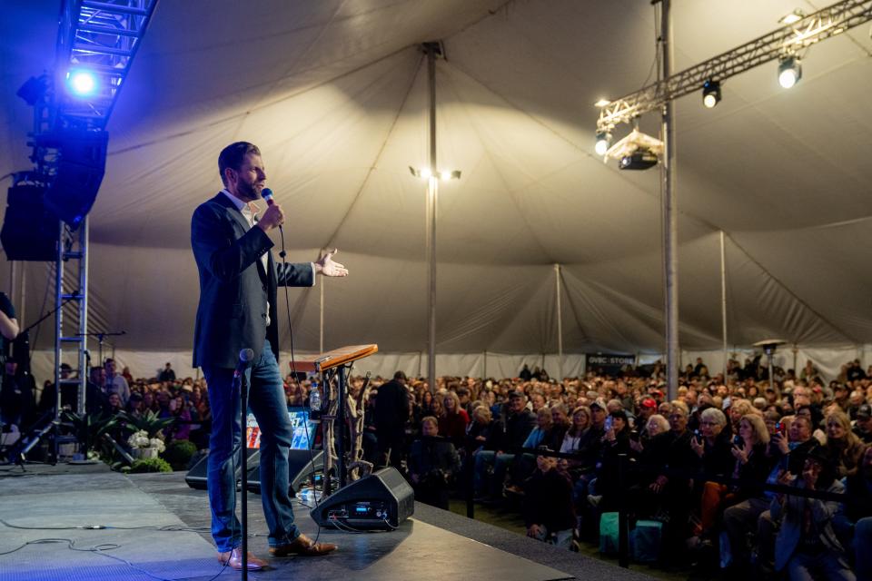 Eric Trump speaks during the ReAwaken America Tour at Global Vision Bible Church in Mt. Juliet, Tenn., Friday, Jan. 20, 2023.