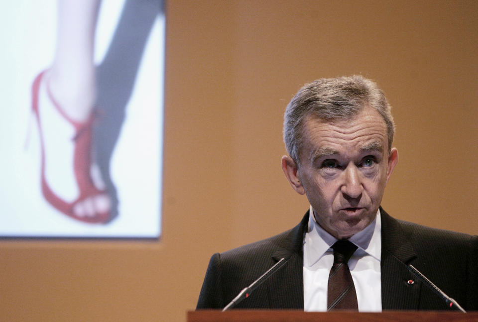 FILE - In this Feb. 5, 2009 file photo, Bernard Arnault. Chairman and CEO of LVMH Moet Hennessy Louis Vuitton, the Paris-based luxury goods empire, presents the group's 2008 results in Paris. La Libre Belgique newspaper reported Saturday Sept.8, 2012 that Arnault's citizenship application was confirmed by the head of Belgium's naturalization office. French media drew a connection to French President Francois Hollande's plan to raise the tax rate on France's highest earners to 75 percent. (AP Photo/Michel Euler, File)