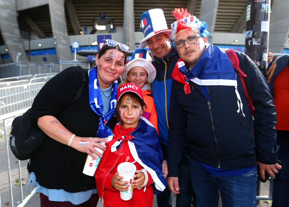 Fans of France pose for a photograph outside the stadium prior to the 2019 FIFA Women's World Cup France group A match between France and Korea Republic at Parc des Princes on June 07, 2019 in Paris, France. (Photo by Robert Cianflone/Getty Images)
