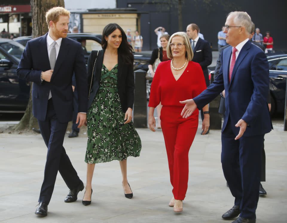 Meghan and Harry were all smiles as they met with Australian PM Malcolm Turnbull and his wife Lucy. Photo: Getty