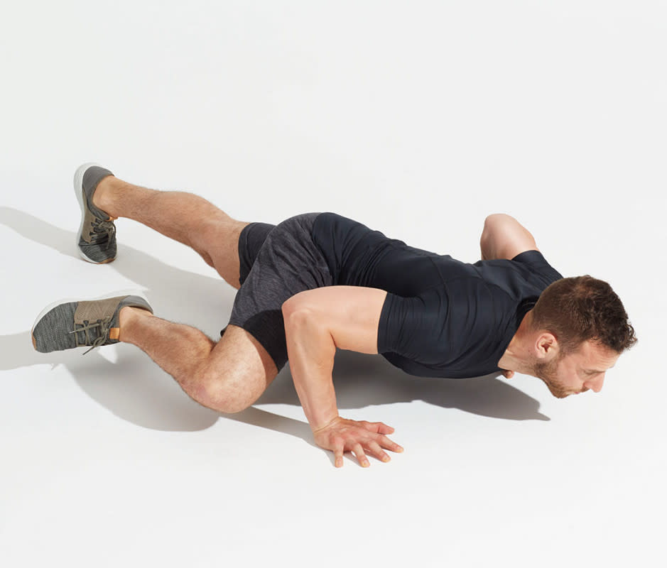 How to do it:<ol><li>Start in plank position, arms extended and your body in straight line.</li><li>Bend elbows, keeping them close to your sides to initiate the movement.</li><li>As you lower your body to the floor, bend your left knee and touch it to left elbow. Return to plank position. Repeat by touching your right knee to your right elbow.</li></ol>