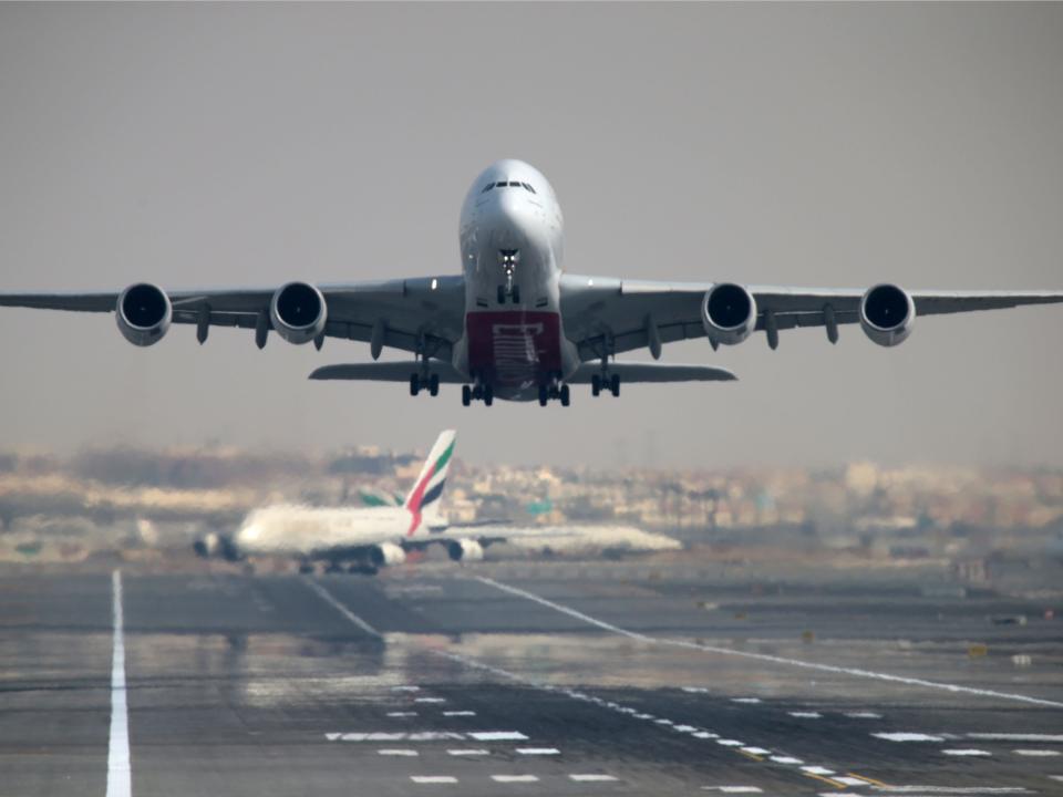 FILE PHOTO: An Emirates Airline Airbus A380-800 takes off from Dubai International Airport in Dubai, United Arab Emirates February 15, 2019. REUTERS/Christopher Pike