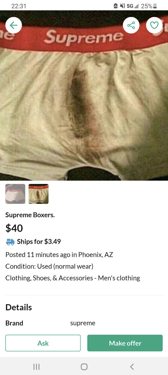 Supreme Boxers for sale at $40. Posted 11 minutes ago in Phoenix, AZ. Condition: used (normal wear). Ships for $3.49. Brand: Supreme. Clothing, men's accessories