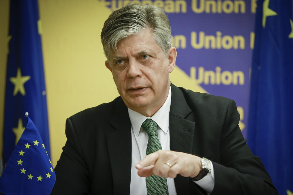 Head of Mission of the European Union Rule of Law Mission in Kosovo Lars-Gunnar Wigemark gestures during an interview with The Associated Press in Kosovo's capital Pristina on Thursday, June 8, 2023. (AP Photo/Visar Kryeziu)