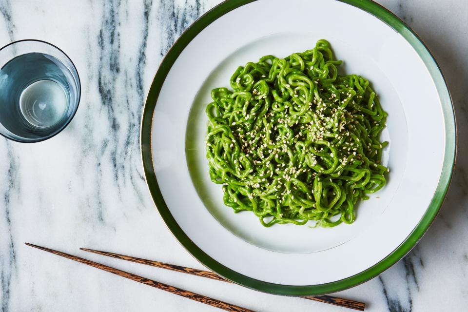 Springy ramen noodles and a cilantro-miso sauce bring a welcome twist to a classic pesto recipe. <a rel="nofollow noopener" href="https://www.epicurious.com/recipes/food/views/ramen-noodles-with-miso-pesto?mbid=synd_yahoo_rss" target="_blank" data-ylk="slk:See recipe.;elm:context_link;itc:0;sec:content-canvas" class="link ">See recipe.</a>