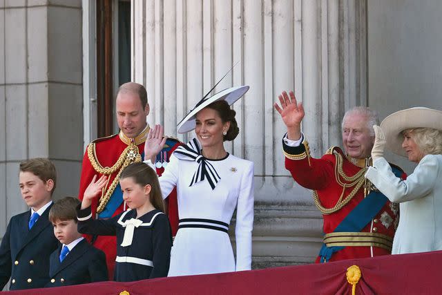 <p>JUSTIN TALLIS/AFP via Getty</p> (From left) Prince George, Prince William, Prince Louis, Princess Charlotte, Kate Middleton, King Charles and Queen Camilla at Trooping the Colour on June 15, 2024.