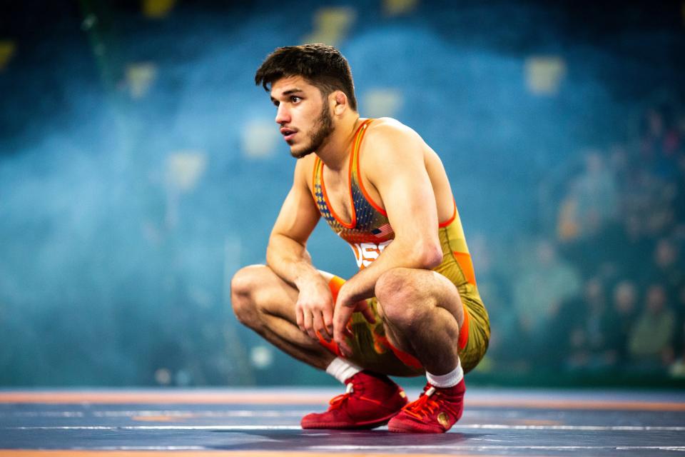 Yianni Diakomihalis of the United States crouches while wrestling at 65 kg during the United World Wrestling men's freestyle World Cup, Saturday, Dec. 10, 2022, at Xtream Arena in Coralville, Iowa. 