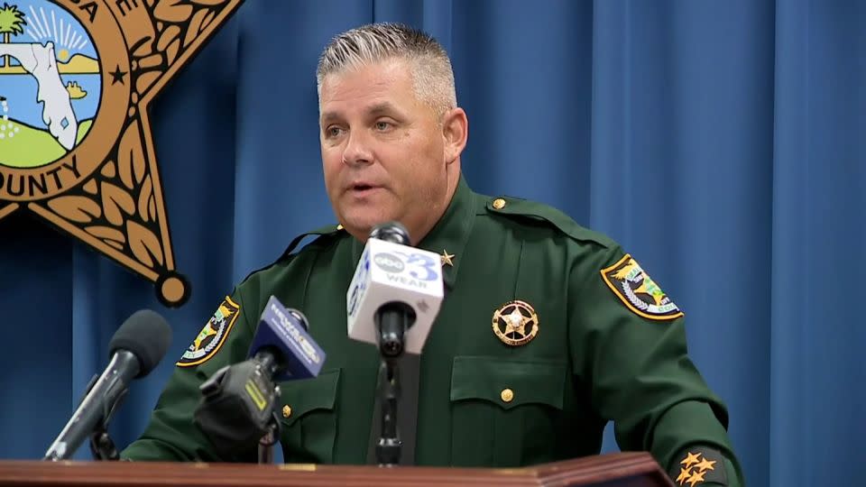 Okaloosa Sheriff Eric Aden speaks during a press conference in Fort Walton Beach, Florida, on May 9, 2024. - WEAR