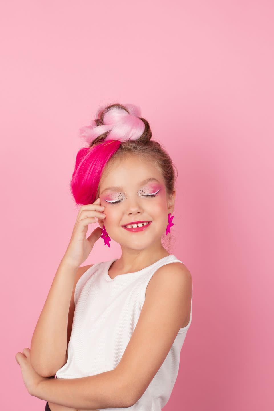 girl with pink hairstyle and pink makeup