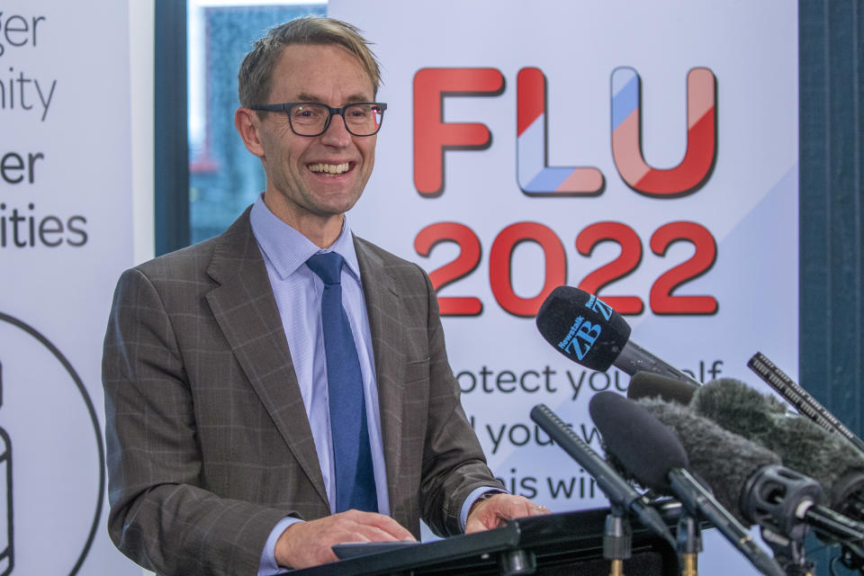 New Zealand Director-General of Health Ashley Bloomfield speaks during his last COVID-19 response update news conference at the Ministry of Health in Wellington, New Zealand, Wednesday, July 27, 2022. Bloomfield, the mild-mannered doctor who became an unlikely hero to many New Zealanders during the coronavirus pandemic, held his final media conference Wednesday after resigning as director-general of health. (Mark Mitchell/New Zealand Herald via AP)