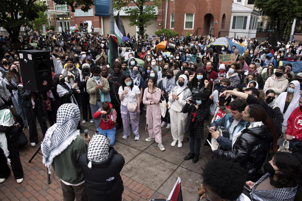 Students protest the Israel-Hamas war at George Washington University in Washington, Saturday, April 27, 2024. Protests and encampments have sprung up on college and university campuses across the country to protest the war. (AP Photo/Cliff Owen)