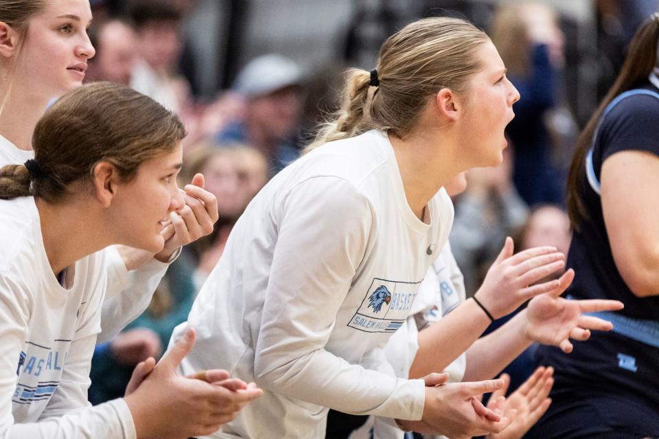 The Salem Hills Seahawks cheer for their teammates during a game against the West Panthers at West High School in Salt Lake City on Thursday, Feb. 22, 2024. | Marielle Scott, Deseret News