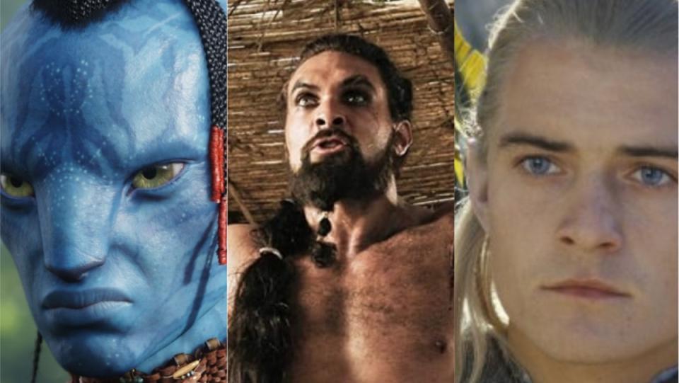 split photo of Na'vi soldier, Khal Drogo, and Legolas fictional languages speakers