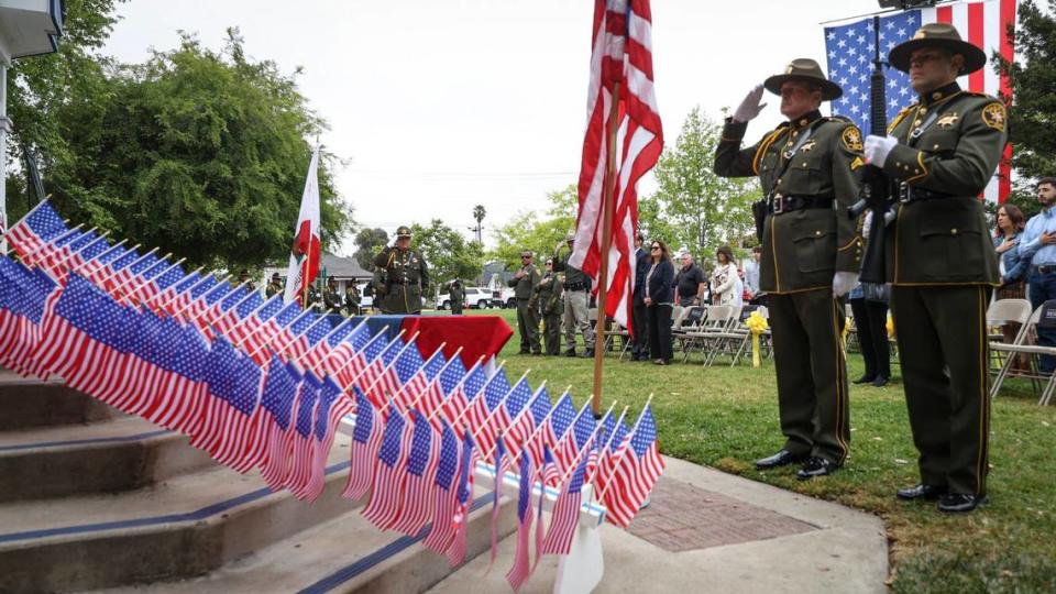 The San Luis Obispo County Sheriff’s Honor Guard posts flags at the start of the memorial. The annual Peace Officer Memorial was hosted by the Arroyo Grande Police Department and held at Heritage Square Park, seen here on May 16, 2024.